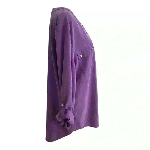 Chicos Tunic Roll Sleeve Silky Button Up Top Size 3 Large Purple Career Flowy - Picture 6 of 11